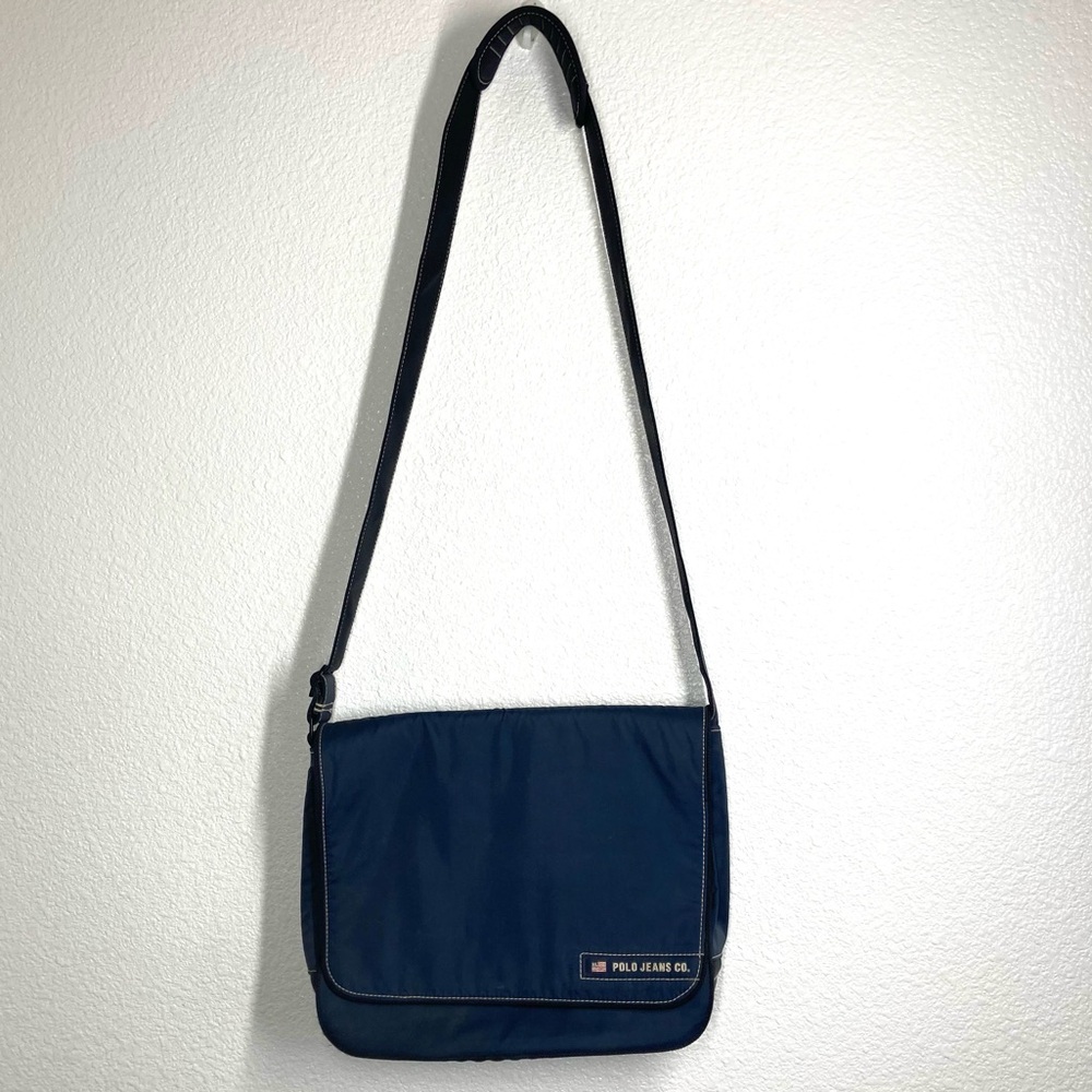 Polo Jeans Ralph Lauren Nylon Messenger Bag Navy Blue Ajustable Strap 14x10"
